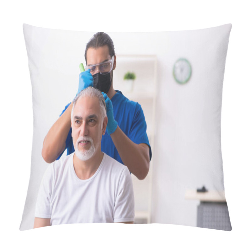 Personality  Old Man Visiting Young Male Doctor In Hair Transplantation Conce Pillow Covers