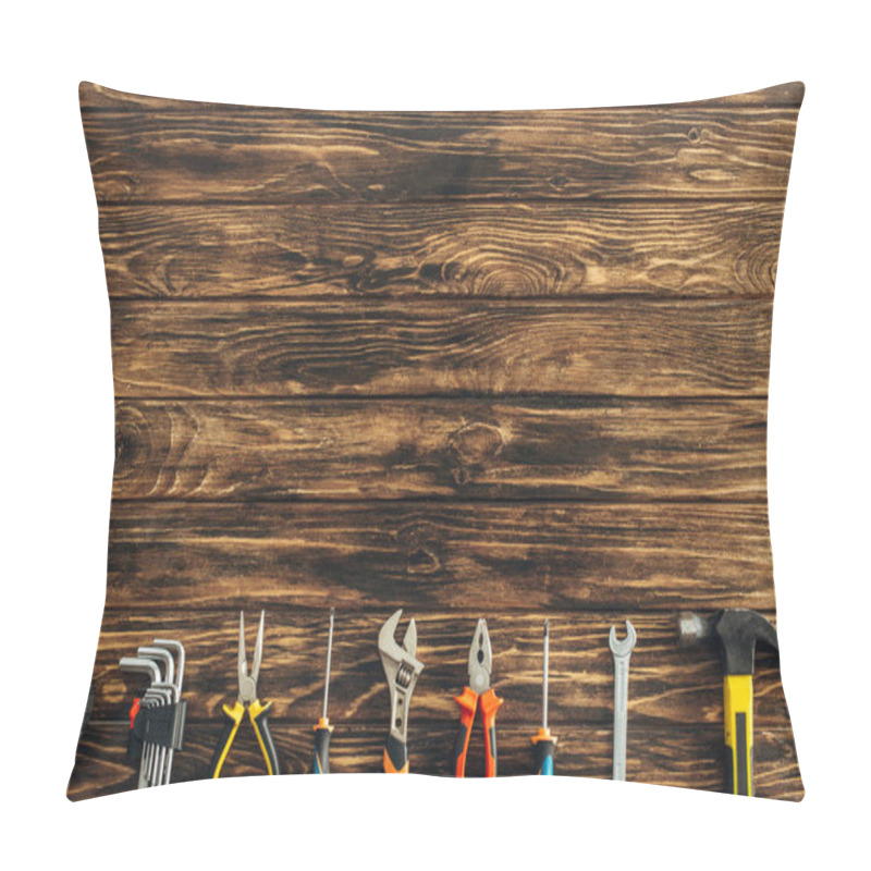 Personality  Top View Of Metallic Instruments On Wooden Surface, Labor Day Concept  Pillow Covers