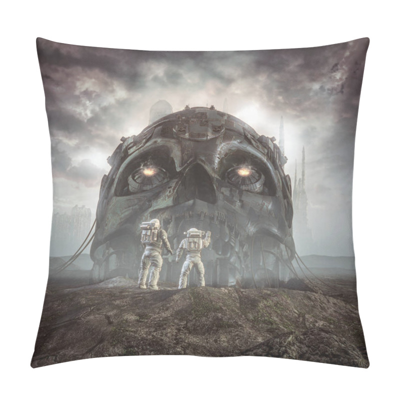 Personality  Giants Of Yesterday / 3D Illustration Of Science Fiction Scene Showing Astronauts Discovering Ancient Giant Robot Skull In The Desert Outside Alien City Pillow Covers