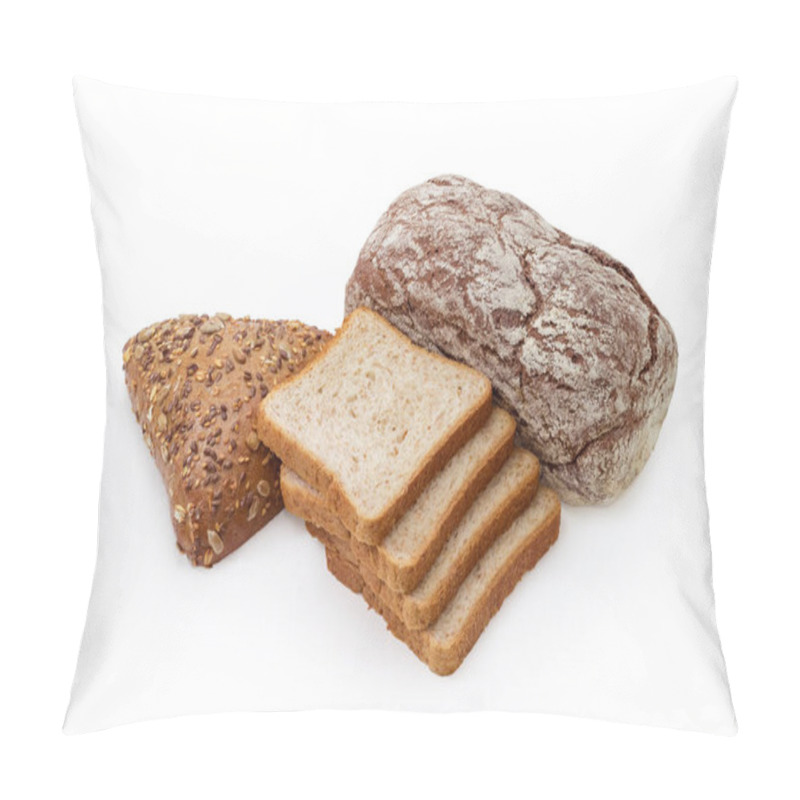 Personality  Whole Loaf Of Dark Brown Bread With Molasses, Triangular Shaped Bread Sprinkled With Different Seeds And Unroasted Slices Of Toast Bread On A White Background Pillow Covers