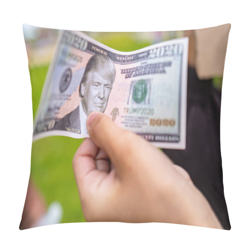 Personality  Miami Beach, Florida, USA - May 10, 2020: Fake Dollar Bill With A Portrait Of Trump. Money 2020. Banknote From The Miami Protest. Coronavirus Demonstration. Fake Money In Hand. Trump Voters. Cash. Pillow Covers