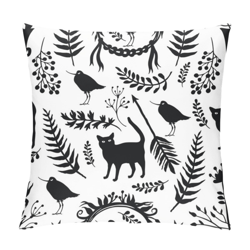 Personality  Background With Silhouettes Of Birds And Cats, Flowers, Herbs An Pillow Covers