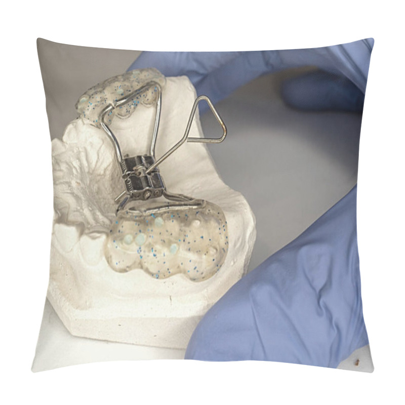 Personality  Doctor Test Hyrax Braces On Patient Dental Model. Banded Hyrax Expander Rapid Palatal Expander. Checking Up Gypsum Teeth With Brackets Pillow Covers