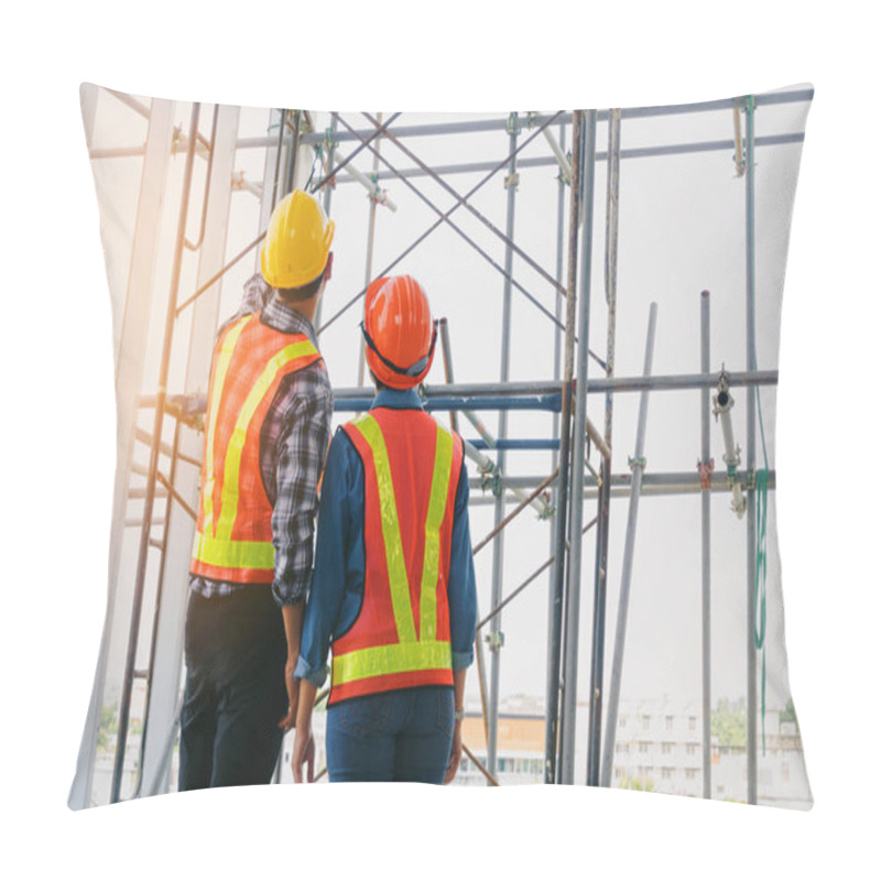 Personality  Couple Of Engineer Or Technician Man And Woman With Safety Helmet Holding Mobile Radio Phone Planning About Building Plan To Greeting Start Up Project In Construction Site Building, Industry Concept Pillow Covers