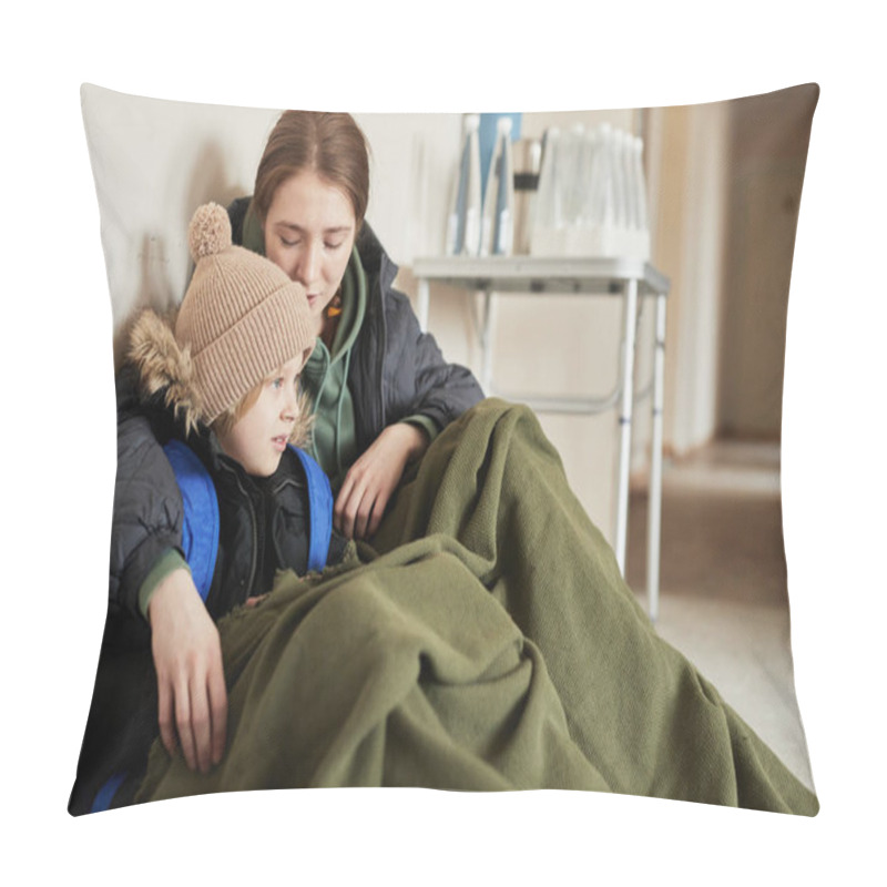 Personality  Portrait Of Brother And Sister Hiding Under Covers In Refugee Shelter, Copy Space Pillow Covers