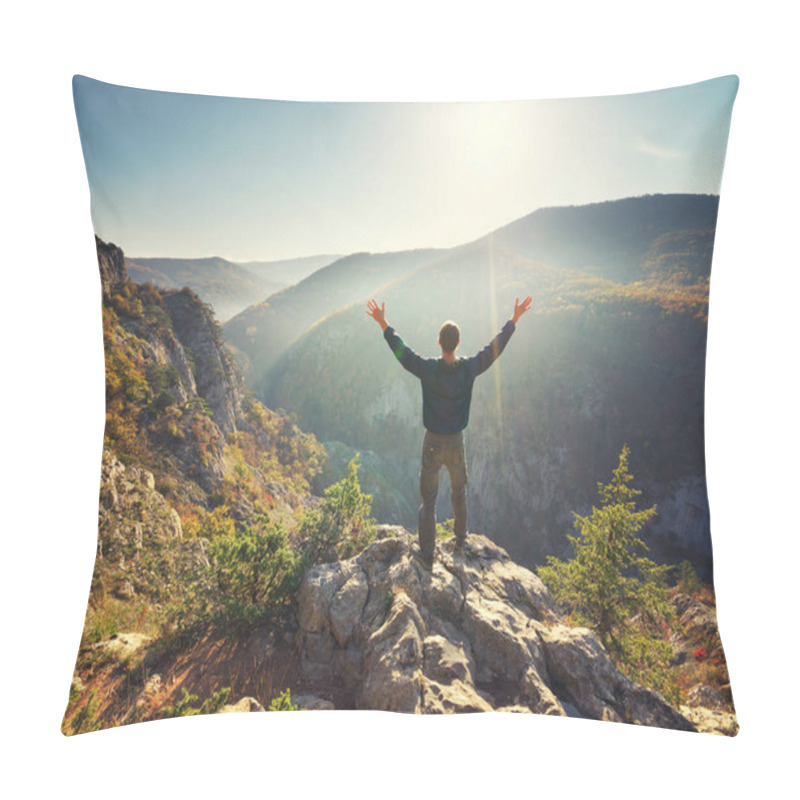 Personality  Man Standing On The Cliff. Conceptual Scene. Mountain Nature Composition.  Pillow Covers