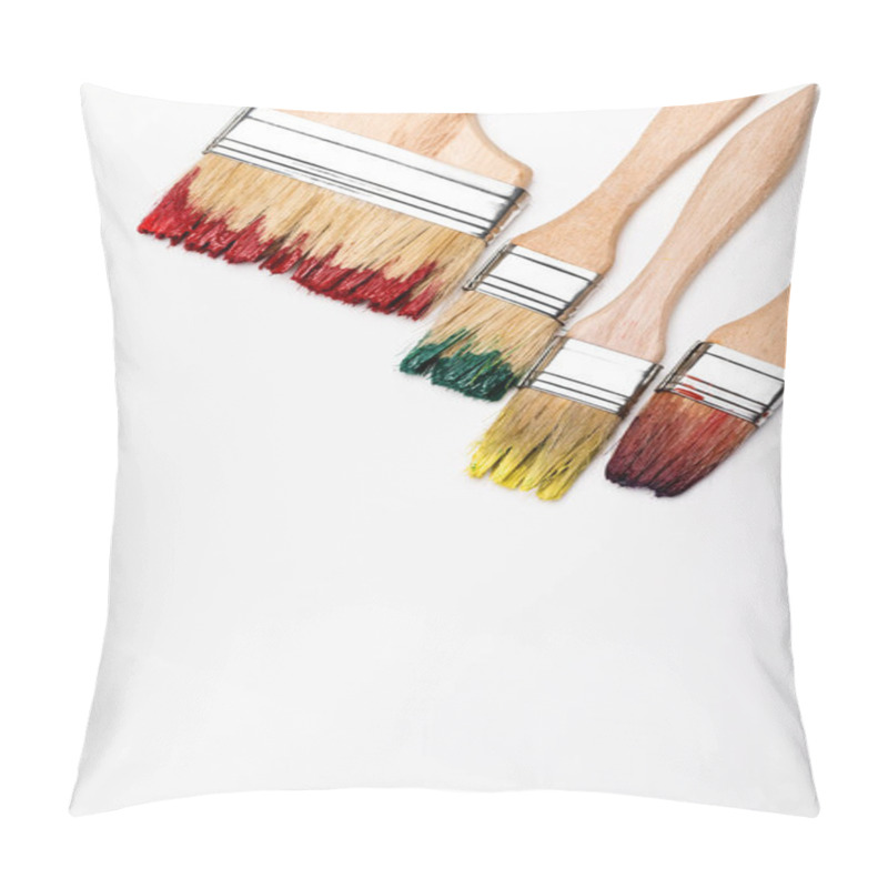 Personality  Top View Of Dirty Paintbrushes On White Background Pillow Covers