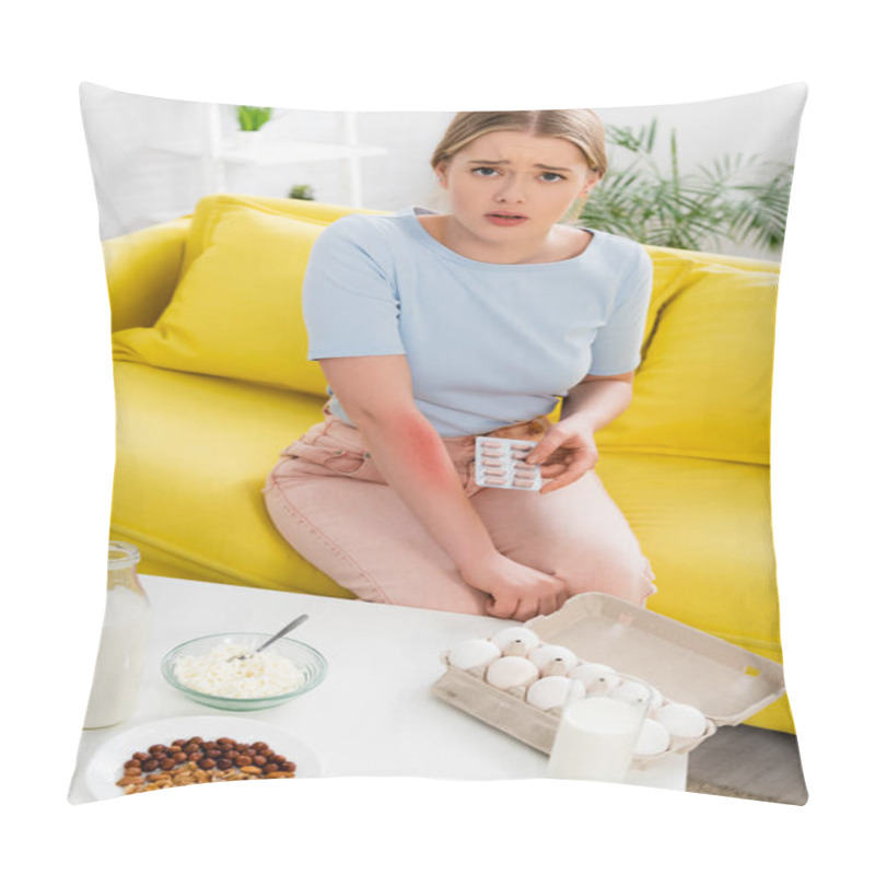 Personality  Upset Woman With Allergy Reaction Holding Pills Near Food, Nuts And Milk  Pillow Covers