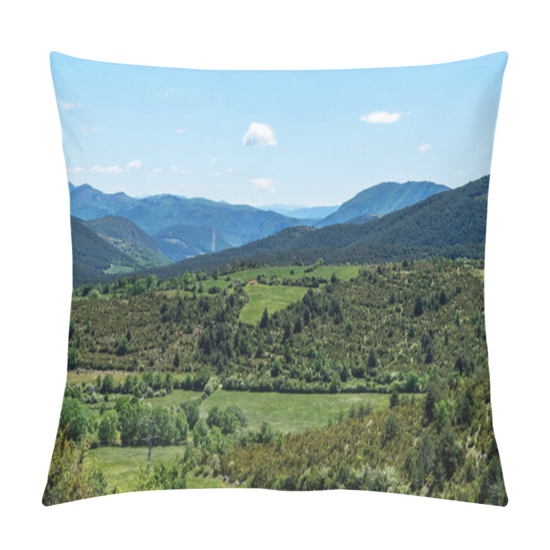 Personality  A Panoramic View Stretches Over A Verdant Valley Dotted With Trees, Sweeping Towards Rolling Hills And Distant Mountains Under The Vast Expanse Of A Clear Blue Sky. Pillow Covers