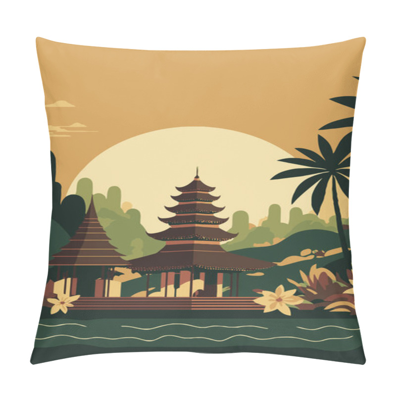 Personality  Bali Old Temple, Balinese Culture Background Indonesia Tourism Retro Style Vector Flat Color Illustration Pillow Covers