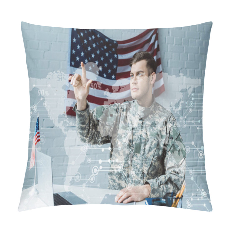 Personality  Handsome Man In Military Uniform Gesturing Near Data Visualization Pillow Covers