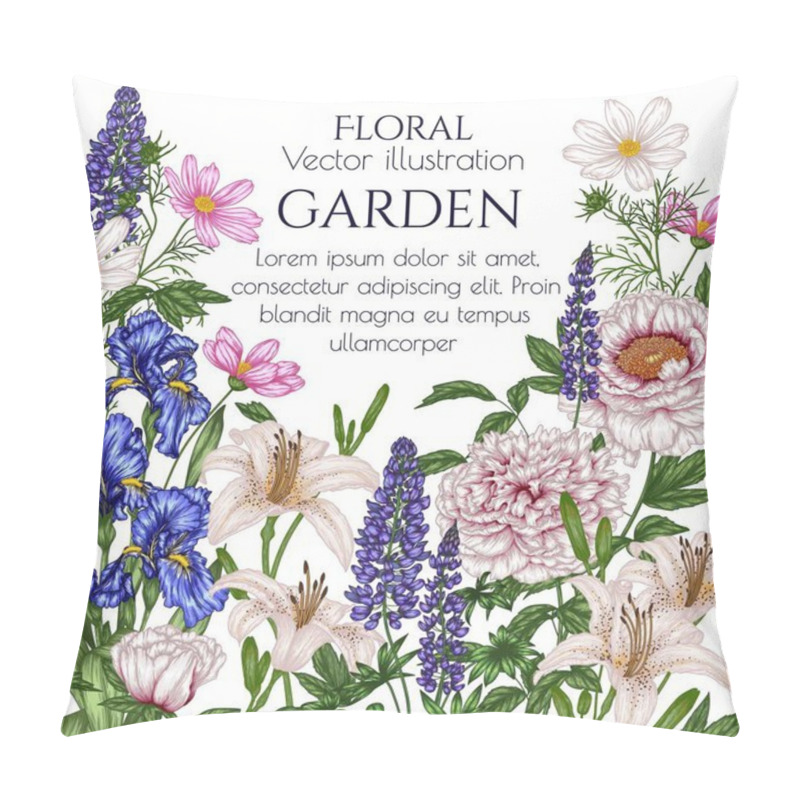 Personality   Vector Frame Of Summer Flowers. Peonies, Irises, Lupine, Lily, Cosmos Pillow Covers