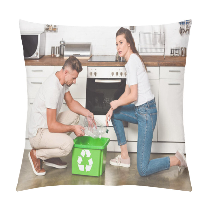 Personality  Adult Couple Putting Empty Plastic Bottles In Recycling Green Box At Kitchen Pillow Covers