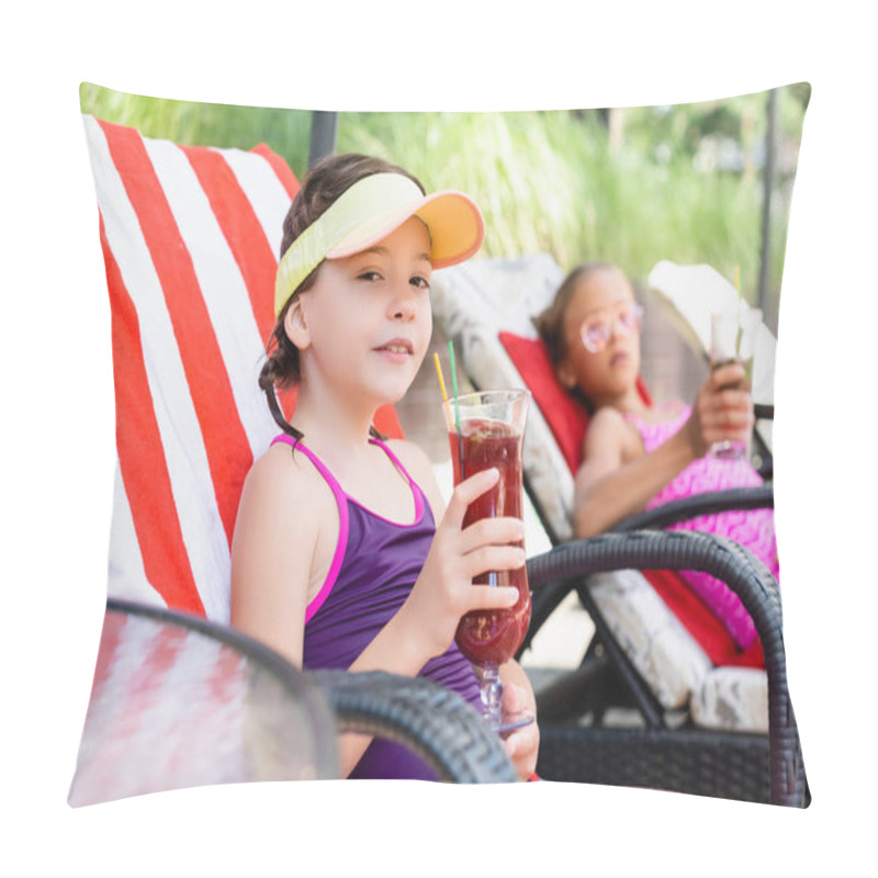 Personality  Selective Focus Of Girl In Sun Visor Cap Sitting In Sunbed Near Friend And Holding Glass Of Fresh Cocktail Pillow Covers