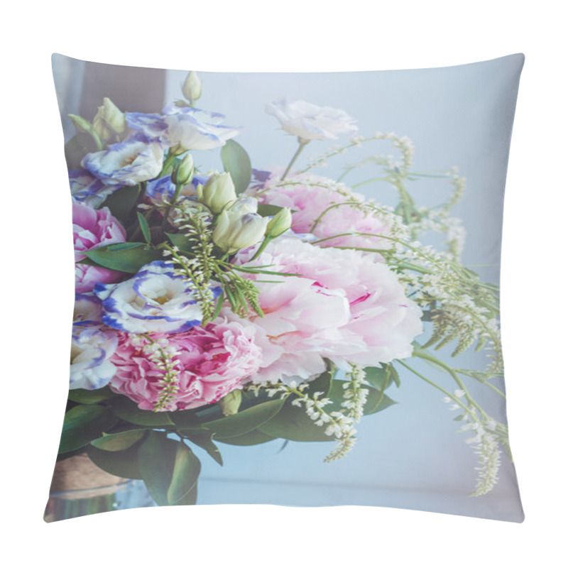 Personality  Beautiful Bouquet Of Pink Peonies, Roses, Eustoma Flowers In Vase On White Window Sill, Cream Color Background. Spring Or Summer Lovely . Fresh Floral, Home Decor. Pastel Colors Purple, Green. Place Pillow Covers