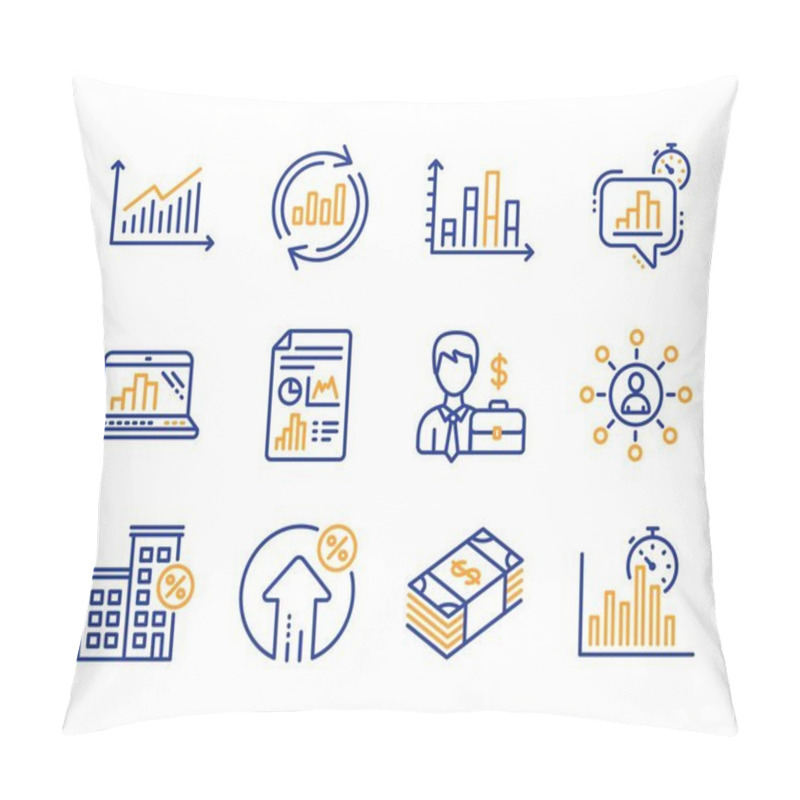 Personality  Graph Laptop, Update Data And Diagram Graph Icons Simple Set. Report Document, Businessman Case And Loan Percent Signs. Loan House, Statistics Timer And Usd Currency Symbols. Line Graph Laptop Icon Pillow Covers