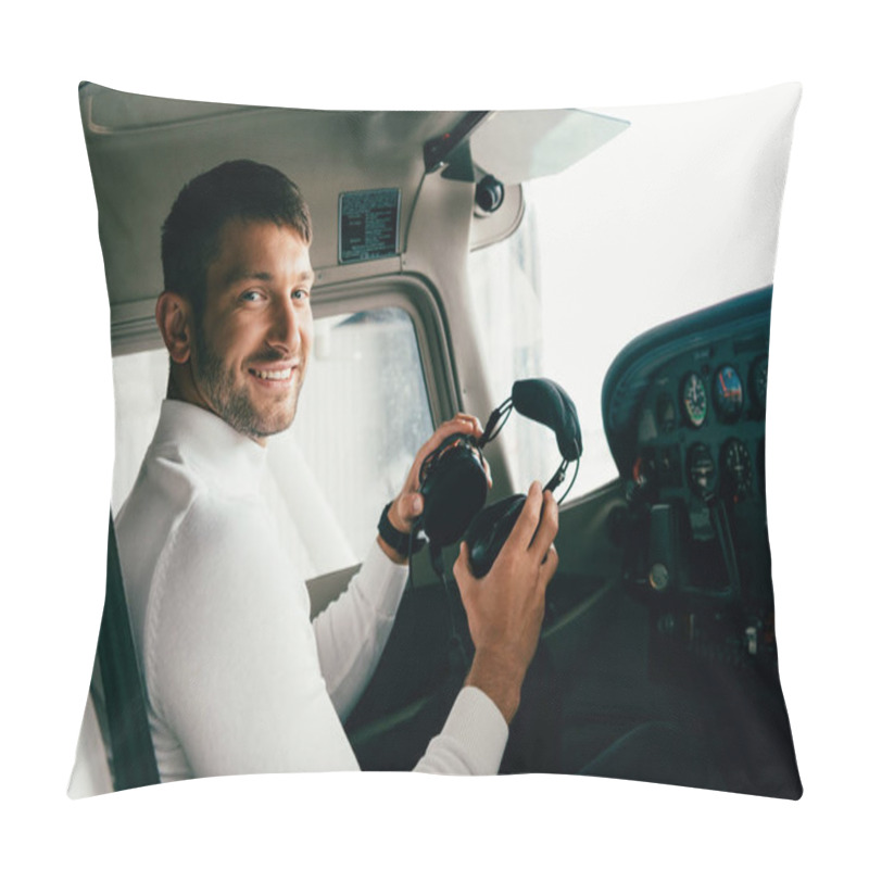 Personality  Smiling Bearded Young Man In Casual Attire Holding Headphones In Plane Pillow Covers