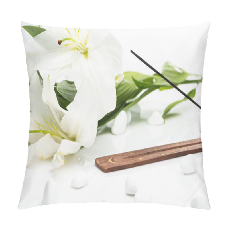 Personality  Aroma Stick On Wooden Stand Near Lilies On White Background Pillow Covers