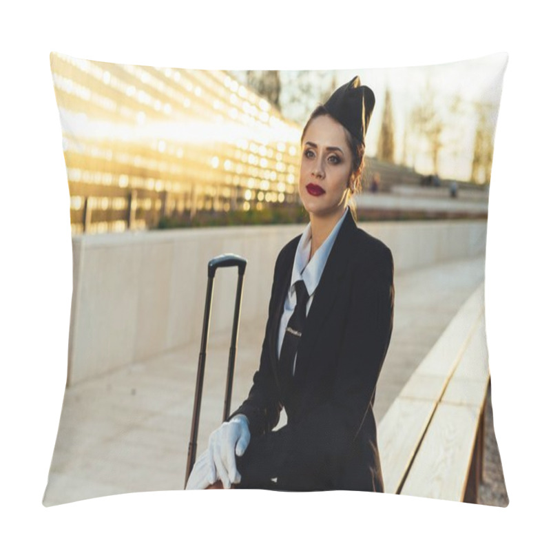 Personality  A Sad Stewardess Woman In Uniform Sits Next To A Suitcase Pillow Covers