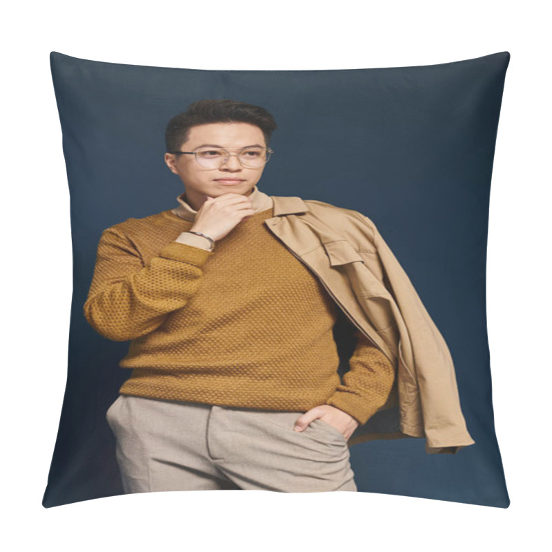 Personality  A Fashionable Young Man In A Brown Sweater And Glasses Strikes A Thoughtful Pose. Pillow Covers