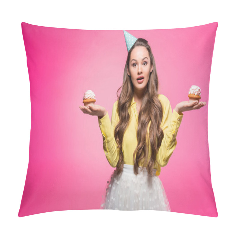 Personality  Attractive Woman With Party Hat Holding Cupcakes Isolated On Pink Pillow Covers