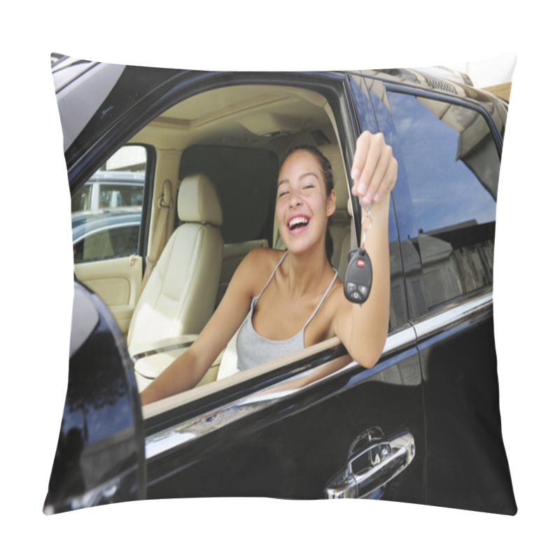 Personality  Woman Showing Keys Of Her New 4x4 Off-road Vehic Pillow Covers