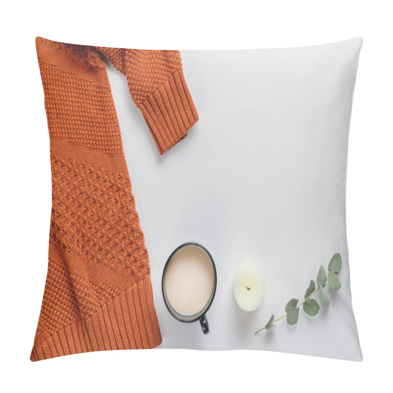 Personality  Winter Composition. Orange Sweater, Candles And A Eucalyptus Branch On A White Background. Autumn, Winter Concept. Flat Lay, Top View, Copy Space Pillow Covers