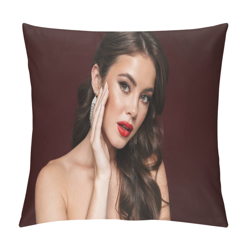 Personality  Image Of Stylish Shirtless Woman Wearing Earrings Posing And Looking Aside Isolated Over Burgundy Background Pillow Covers