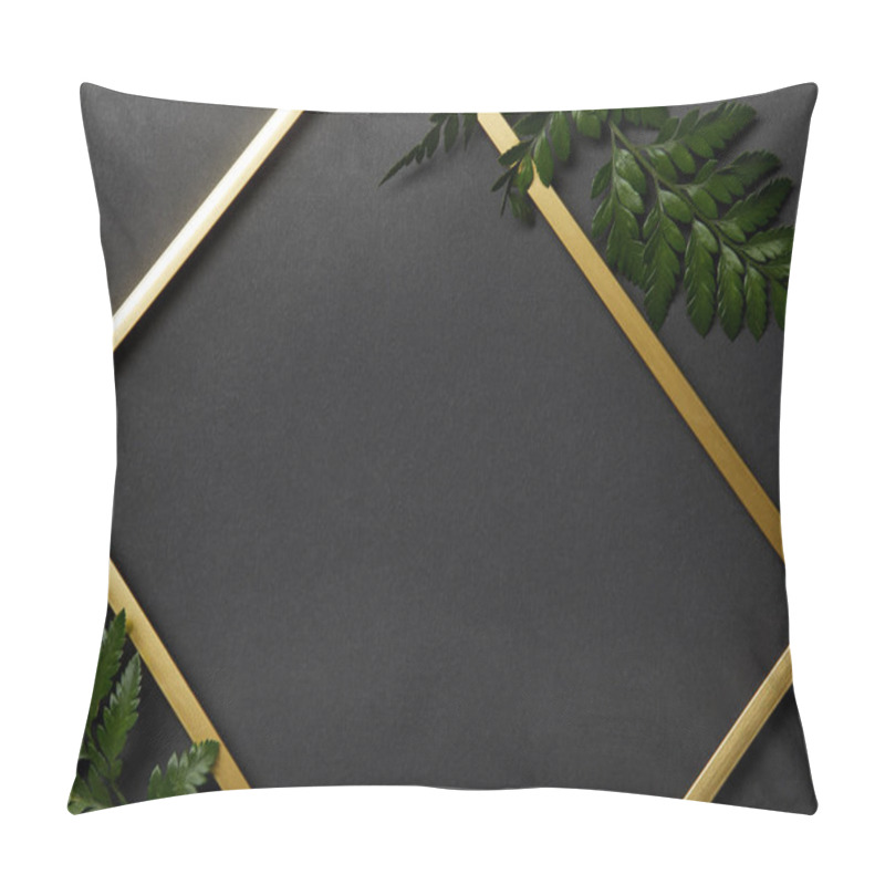 Personality  Top View Of Empty Golden Frame On Black Background With Copy Space And Fern Leaves Pillow Covers