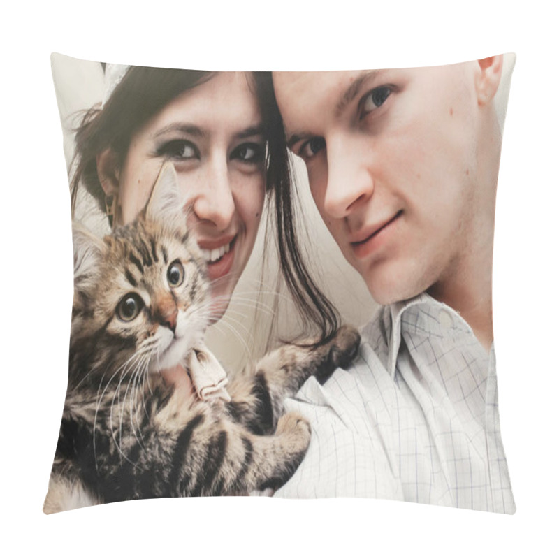 Personality  Beautiful Couple With Cute Funny Kitten  Pillow Covers