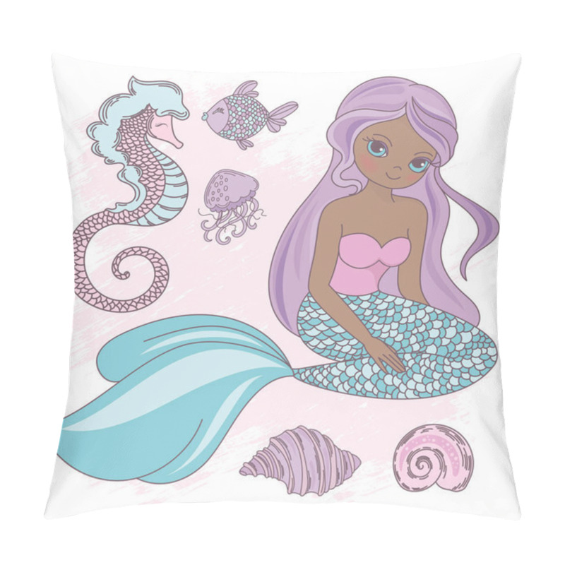 Personality  SITTING MERMAID Princess Sea Animal Underwater Cartoon Ocean Summer Tropical Travel Cruise Vacation Vector Illustration Set For Print Fabric And Decoration Pillow Covers