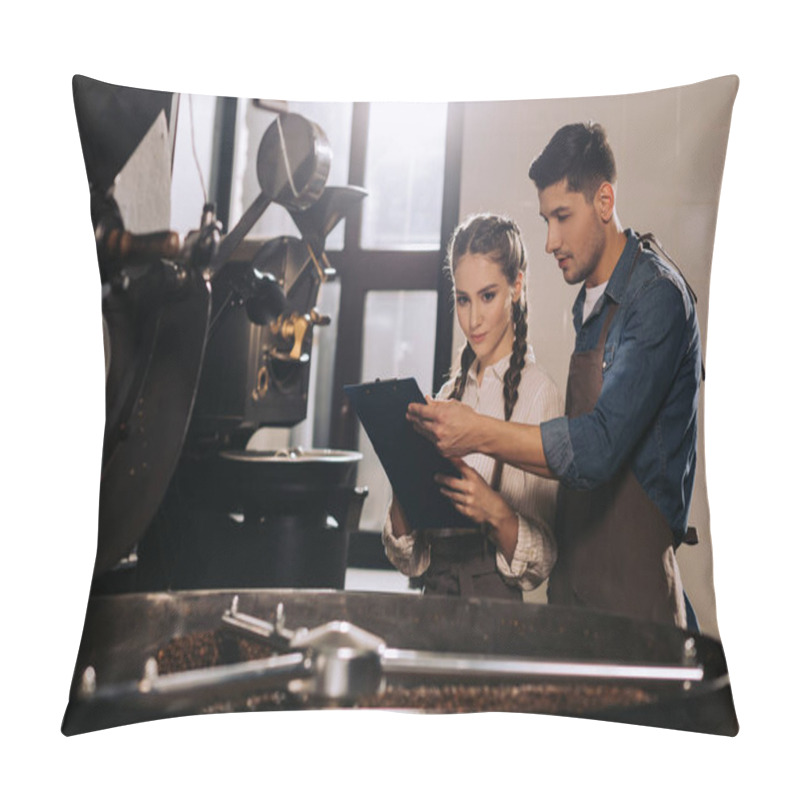 Personality  Coffee Shop Workers Checking Coffee Beans Roasting Process Together Pillow Covers