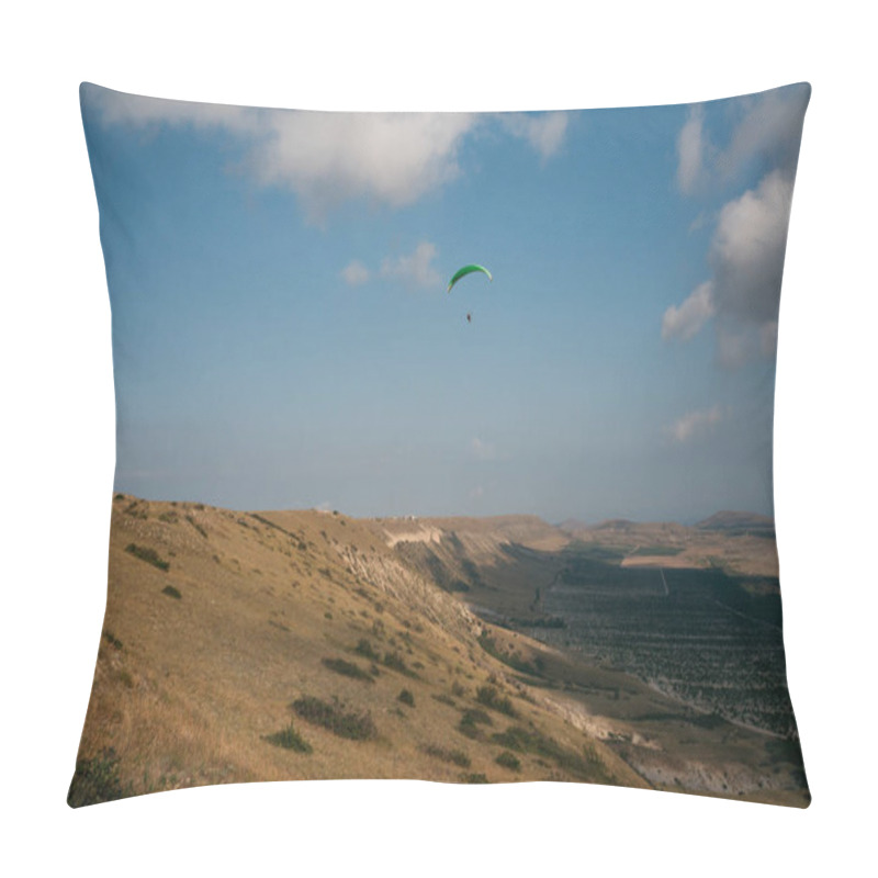 Personality  Parachutist Gliding In Blue Sky Over Scenic Landscape Of Crimea, Ukraine, May 2013 Pillow Covers