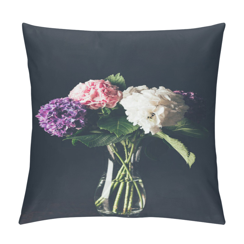 Personality  Pink, White And Purple Hortensia Flowers In Glass Vase, On Black Pillow Covers