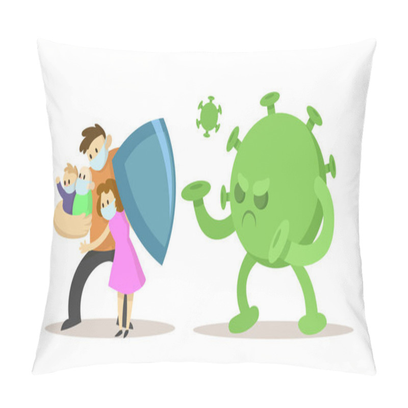 Personality  Father Protecting His Wife And Children Big From Green Virus With A Shield. Quarantine Situation, Covid-19 Virus World Pandemic. Flat Vector Illustration, Isolated On White Background. Pillow Covers