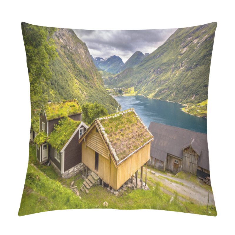 Personality  Panorama Of Cabins With Traditional Sod Roof In Geirangerfjord In More Og Romsdal Province Norway Pillow Covers