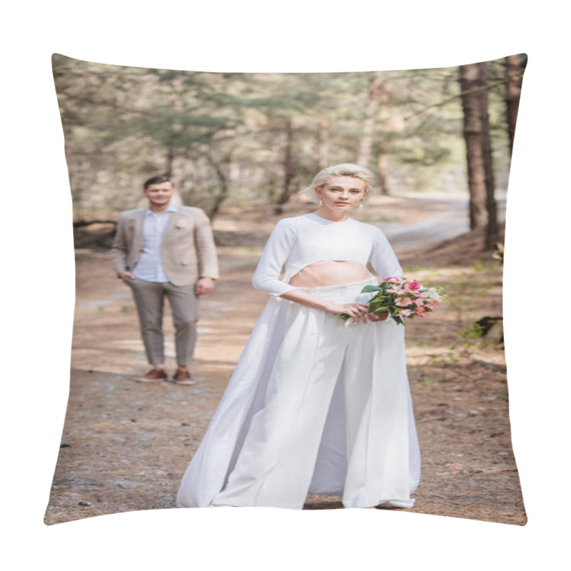 Personality  Full Length View Of Bride With Bouquet Of Flowers And Bridegroom In Forest Pillow Covers