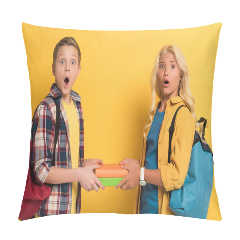 Personality  Shocked Schoolkids Holding Books And Looking At Camera On Yellow Background  Pillow Covers