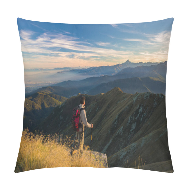 Personality  Hiker Resting On The Mountain Top Pillow Covers