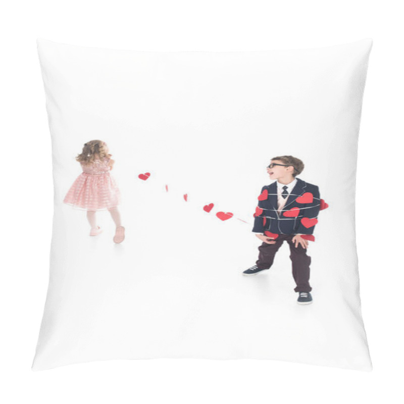 Personality  Little Girl Tying Stylish Boy With Rope And Red Hearts Isolated On White Pillow Covers