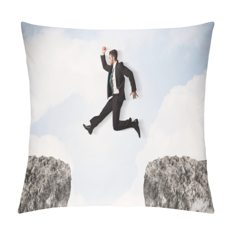 Personality  Funny Business Man Jumping Over Rocks With Gap Pillow Covers