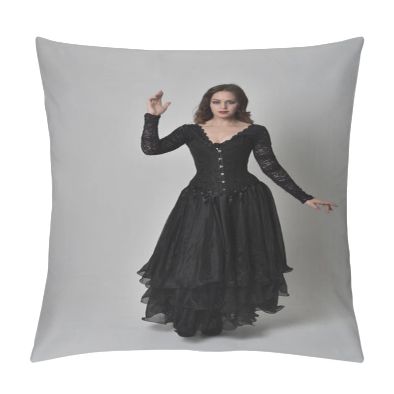 Personality  Full Length Portrait Of Brunette Girl Wearing Long Black Lace Gown Wit Corset. Standing Pose, Isolated On Grey Studio Background. Pillow Covers