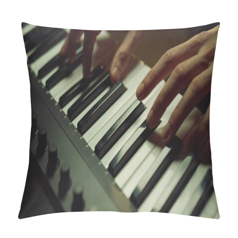 Personality  Man Hands Playing Piano In Studio. Unrecognizable Person Making Music In Hall. Pillow Covers