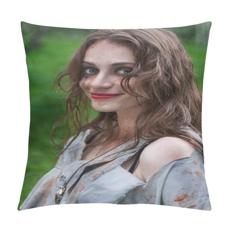 Personality  Beautiful Young Dirty Smiling Mad And Manic Looking Girl Wearing Torn Clothes And Smeared With Mud And Dried Blood Stands In The Forest. Copy Space. Concept Design. Pillow Covers