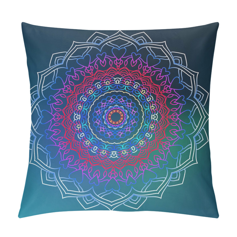 Personality  Round Gradient Mandala On Blue Isolated Background.  Ethnic Mandala With Colorful Tribal Ornament Vector Boho Mandala In Blue And Red Colors. Yoga Template Pillow Covers