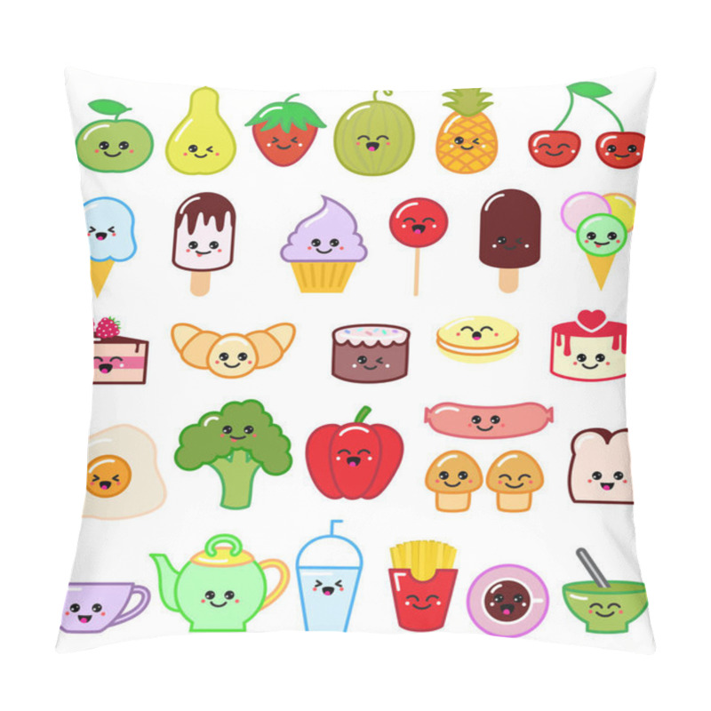 Personality  Kawaii Food Vector Emoticon Japanese Fruit Or Vegetable Character And Emoji Dish With Cartoon Sausage In Japan Restaurant Illustration Set Of Facial Emotions Isolated On White Background Pillow Covers