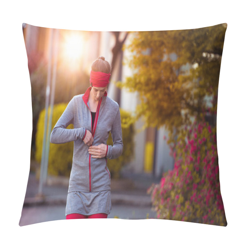 Personality  Young Beautiful Woman Preparing For Workout Training. Autumn Running Fitness Girl In City Urban Park Environment With Fall Trees Orange. Sunset Or Sunrise Warm Light. Sport Activity In Cold Season Pillow Covers