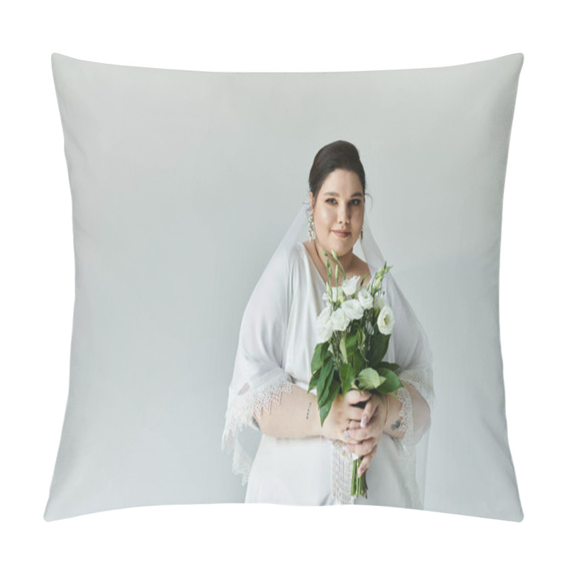 Personality  A Beautiful Bride Holds A Bouquet, Radiating Joy In Her Flowing White Gown Against A Soft Grey Background. Pillow Covers