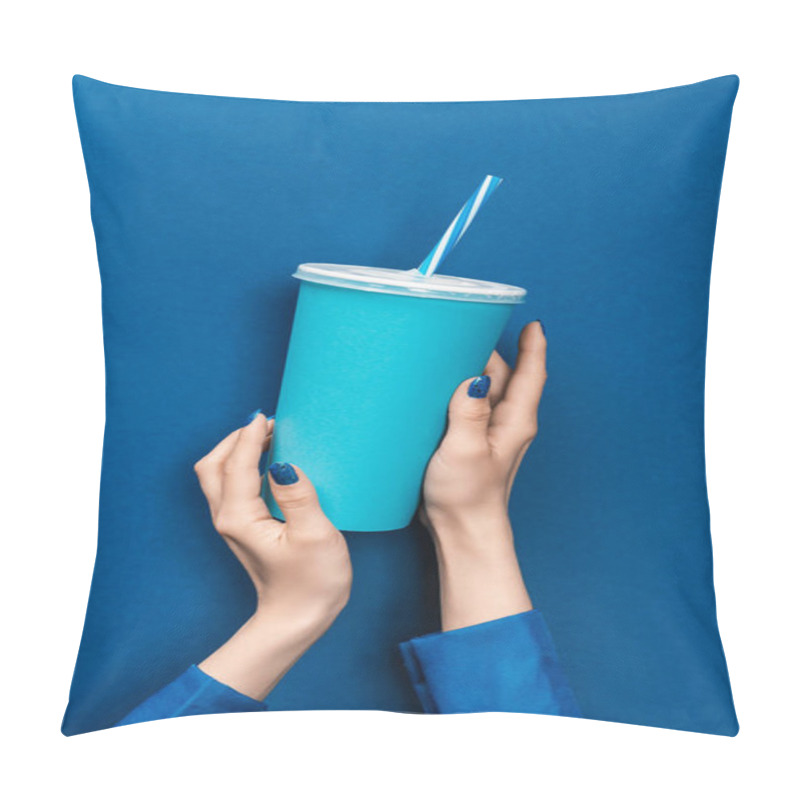 Personality  Cropped View Of Woman Holding Paper Cup On Blue Background  Pillow Covers