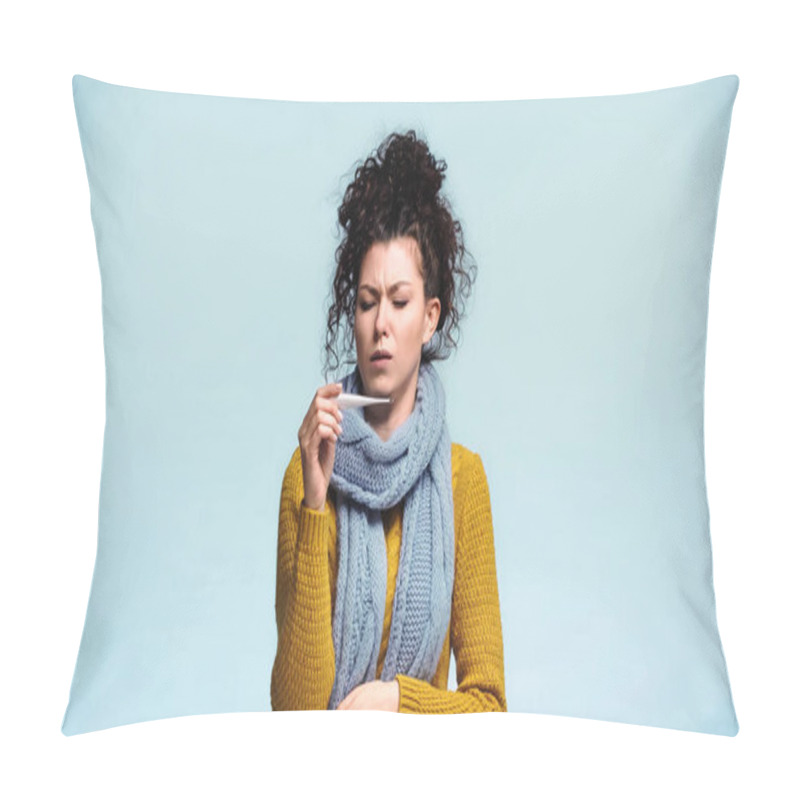 Personality  Ill Woman In Warn Sweater Looking At Thermometer Isolated On Blue Pillow Covers